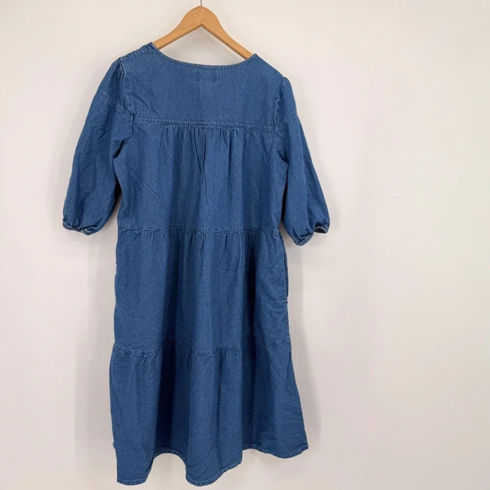 The Vermont Country Store Denim Tiered Midi Muumuu‎ Dress Pockets L Prairie Boho - Picture 5 of 13